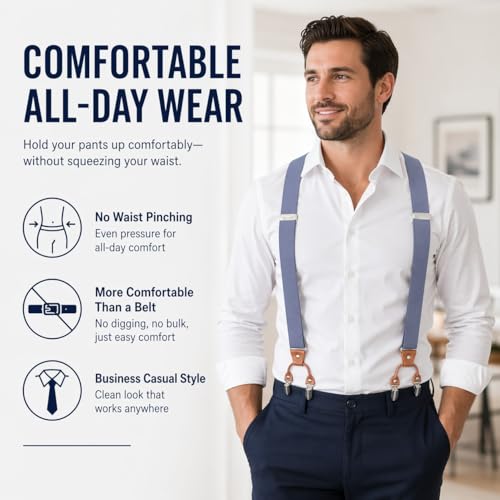 Image of Men's Heavy Duty Y-Back Suspenders, 6 Strong Metal Clips Adjustable Elastic Straps for Work, Tuxedos, and Daily Wear
