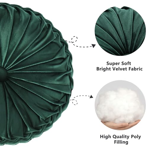 Image of HIG Set of 2 Decorative Round Pleated Throw Pillows, Classy Accent Pumpkin Throw Pillows with Center Button, Vintage Velvet Floor Pillows for Sofa Vanity Chair Bed, Emerald, 14.5 inch Diameter(Ripple)