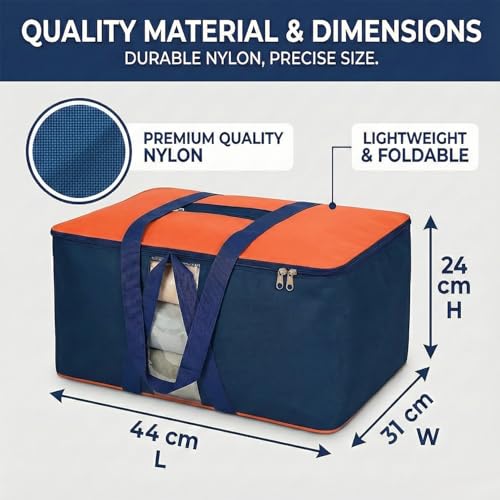 Image of EASY HOME 33 litre Under bed Storage Bags for Clothes | Cloth Storage Organizer with Zip Closure | Wardrobe Bag for Sarees, Quilts & Blankets | Moisture Proof Nylon Cover Bag (44x24x31 cm, Medium)