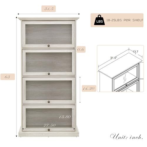 CKEASEAN Tall Bookcase with Glass Doors, 63\" H Glass Curio Display Cabinet with Flip up Doors, Elegant Storage Cabinet with 4-Tier Shelves, Rack for Living Room (White, 31.5\" W x 13.7\" D x 63\" H) - Thumbnail 2