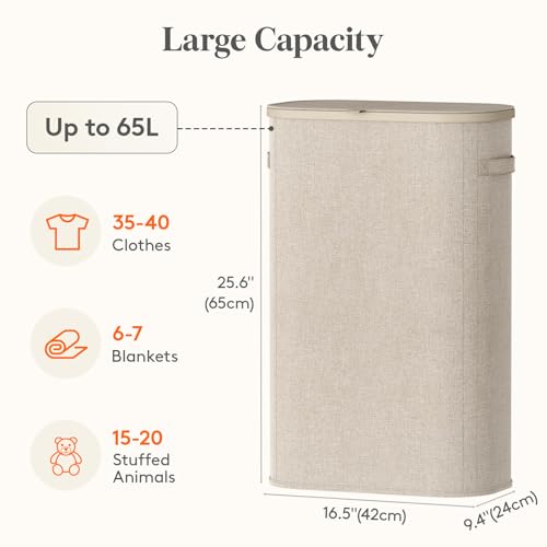 Image of Lifewit Slim Laundry Basket with Lid, Narrow Laundry Hamper with Plastic Handles and Removable Bag, Tall Foldable Dirty Clothes Hampers for Laundry Room, Bedroom, Bathroom, Dorm, 65L Beige