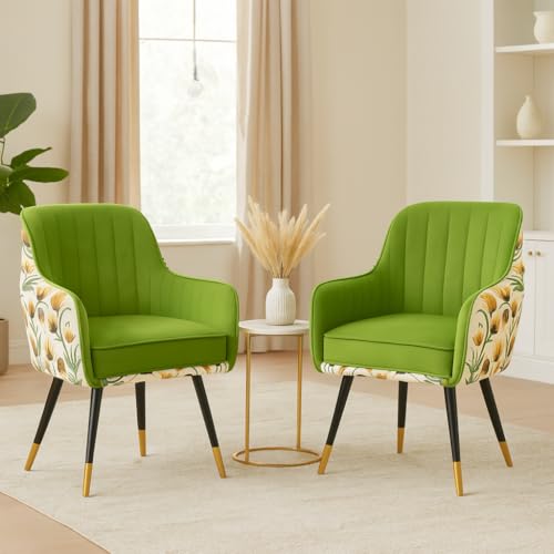 Image of Velvet Chair with Floral Pillow for Home | Modern Accent Armchair in Soft Velvet Fabric with Golden Legs | Set of 2 Premium Accent Chair for Living Room Bedroom (Parrot Green Floral)