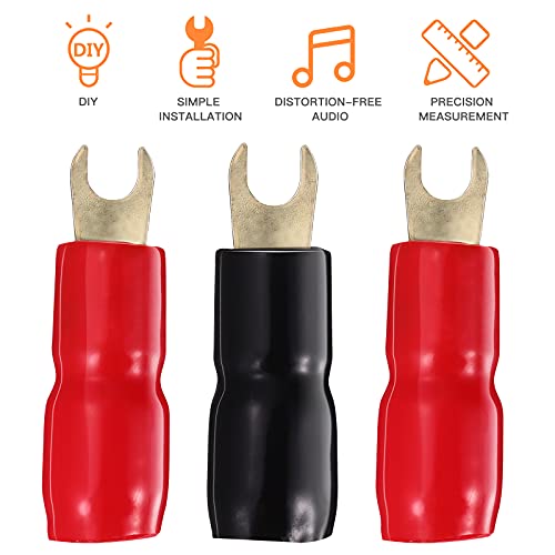 10 Pairs Copper Gold Plated 4 Gauge Strip Spade Terminal Spade Fork Adapters Connectors Plugs Crimp Barrier Spades For Speaker Wire Cable Terminal Plug - 4Ga (Red And Black) #TOP3