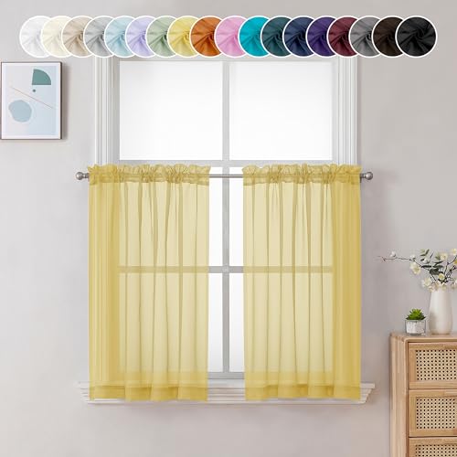 Image of Chyhomenyc Mustard Yellow Short Sheer Curtains 36 inch Length, Light Filtering Half Window Curtians for Kitchen, Elegant Small Curtain for Basement Bathroom Cabinet, 42Wx36L inches, 2 Panels