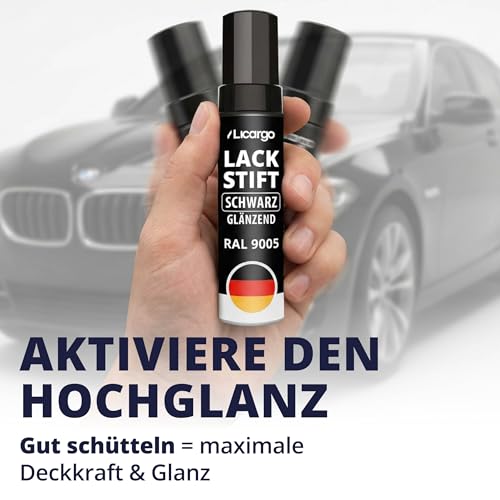 LICARGO Lackstift Schwarz Glänzend – Präziser Pinsel für kleine Kratzer & Steinschläge – Hohe Deckkraft, schnelle Trocknung – Auto Lackstift, Felgenlack, Lackreparaturstift, Made in Germany