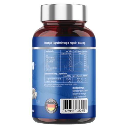 REDFOOD L- Arginin 4500 hochdosiert XXL Dose mit 400 Kapseln Made in Germany Hochdosiert ohne Zusatzstoffe – Bild 3