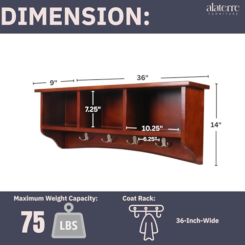 Image of Shaker Cottage Wall-Mounted Coat Rack with 3 Storage Cubbies and 4 Hooks - 36 inch Space-Saving Entryway Organizer, Mudroom and Hallway Wall Shelf by Alaterre Furniture (Cherry Finish)