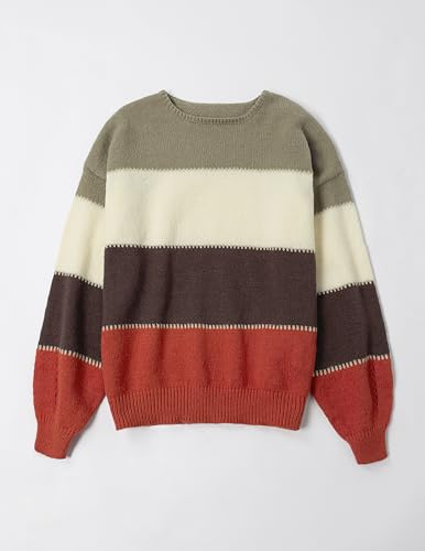 Women's Oversized Cute Color Block Sweaters Fall 2024 Casual Lightweight Ribbed Knit Crewneck Pullover Sweater3