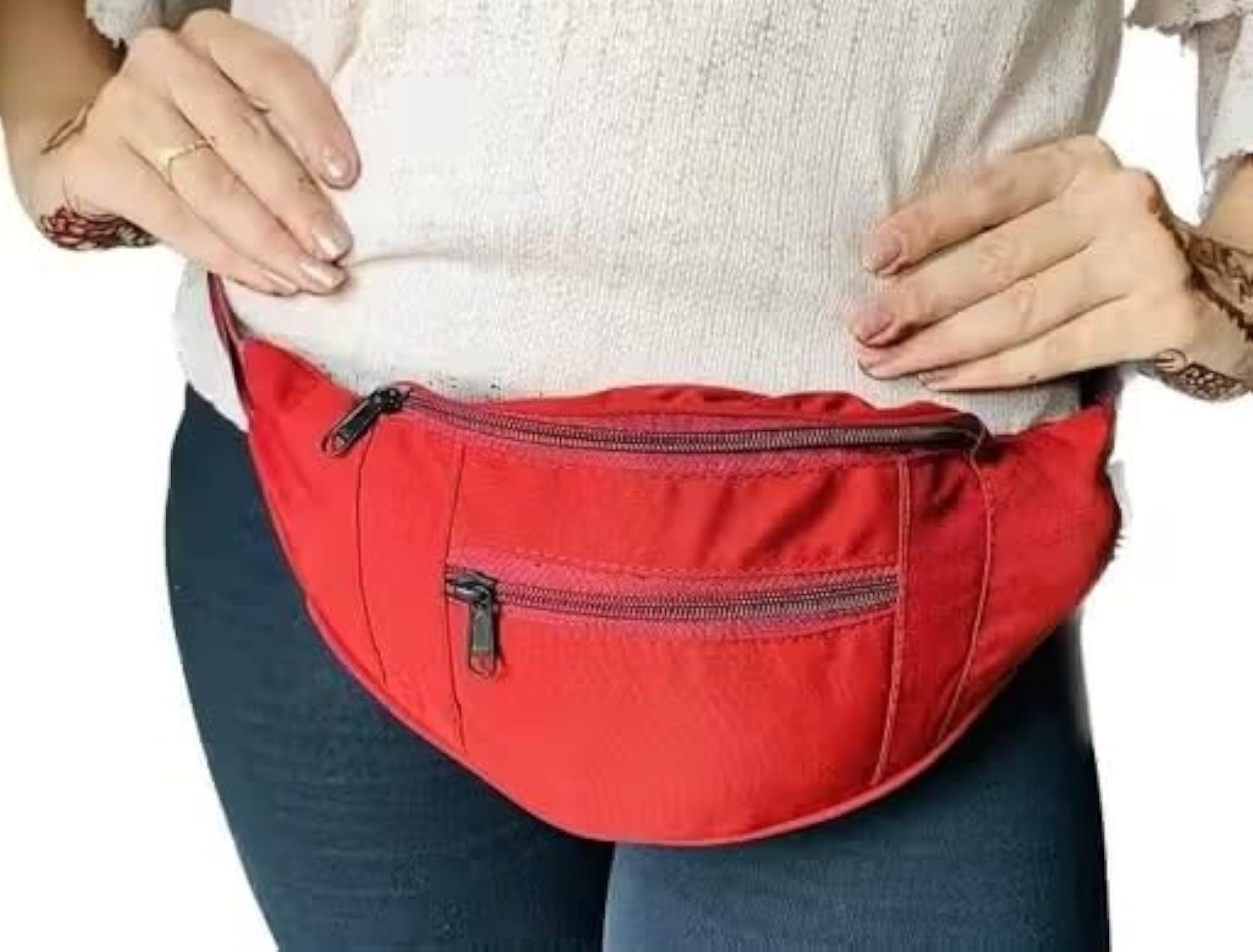 Girls' Classy Solid Red Waist Pouch, 3 Zip Design