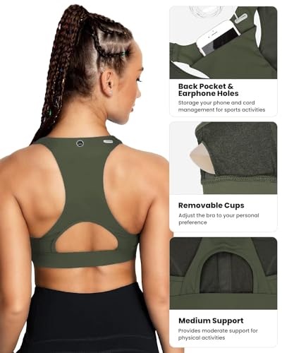 Image of QUEENIEKE BareFlow Women's Sports Bras with Phone Pocket Medium Impact Padded Racerback Workout Gym Crop Top Running Yoga Bra