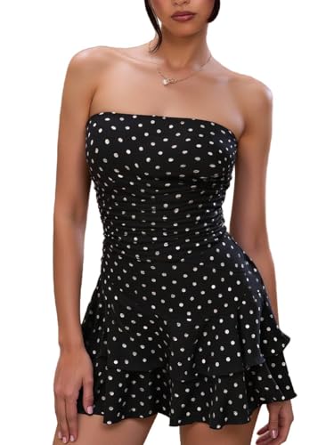 Milumia Women's Polka Dots Ruffle Hem Tube Mini Dress Backless Ruched A Line Party Club Strapless Short Dresses