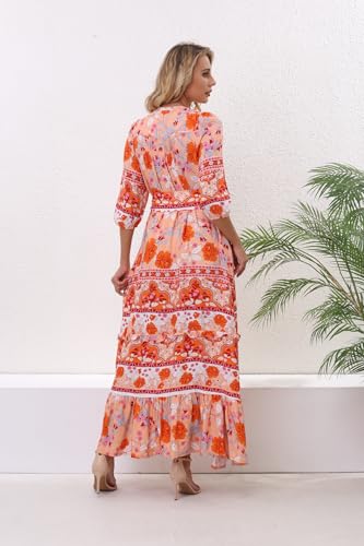 Image of Women Boho High-Waist Floral Print Maxi Dress 3 /4 Sleeve Casual | Soft Rayon, Breathable, Quick-Dry. High-Waist with Adjustable Belt, Flattering Hem. Ideal for Beach, Work & Dating.