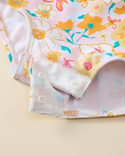 Image of Toddler Girl Swimsuit Baby Girl Bathing Suit Long Sleeve Floral Zipper One-Piece Rash Guard Swimsuit with Hat