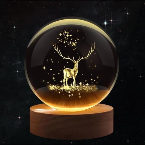 Image of 3D Galaxy Ball Night Lamp,Solar System, USB Table Colorful LED Wooden Ball for Home Decoration Birthday Gift for Teens Boys and Girls (Crystal Deer Light)