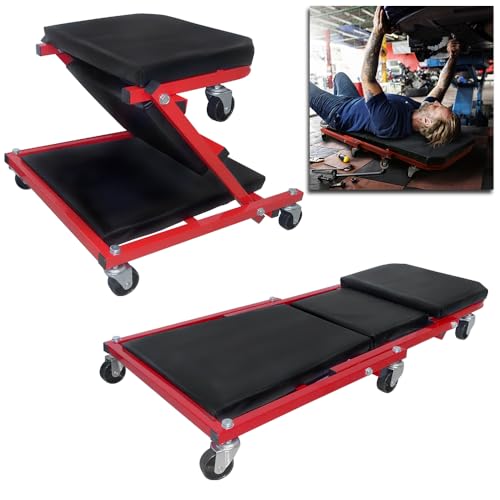 Yunvin 2-in-1 Folding Car Creeper and Seat Heavy Duty Workshop Seat with 360 Castors Convertible Stool Crawler Board Loadable Up to 150 kg for Mechanics Garage and DIY Use 92 x 44 x 12 cm