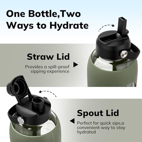 Image of Aqulea 64oz oz Glass Water Bottle with 2 Lids - Spout & Straw Lids, Borosilicate Glass Water Bottle with Time Marker & Silicone Sleeve, Leakproof