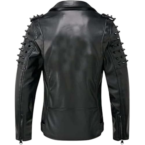 Men's Brando Notch Lapel Collar Punk Studded Spikes Real Motorbike Black Leather Jacket Rider Rock Classic Streetwear2