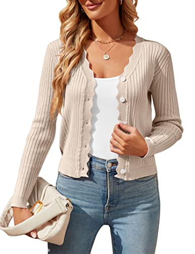 Shermia Womens Long Sleeve Cropped Cardigan Knit Shrugs For Dresses Tops V Neck Button Down Cardigans Sweaters Beige #TOP24
