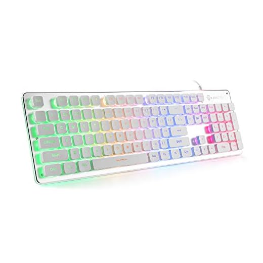 LANGTU Membrane Gaming Keyboard, Rainbow LED Backlit Quiet Keyboard for Office, USB Wired All-Metal Panel 25 Keys Anti-ghosting Computer Keyboard 104 Keys - L1 White/Silver
