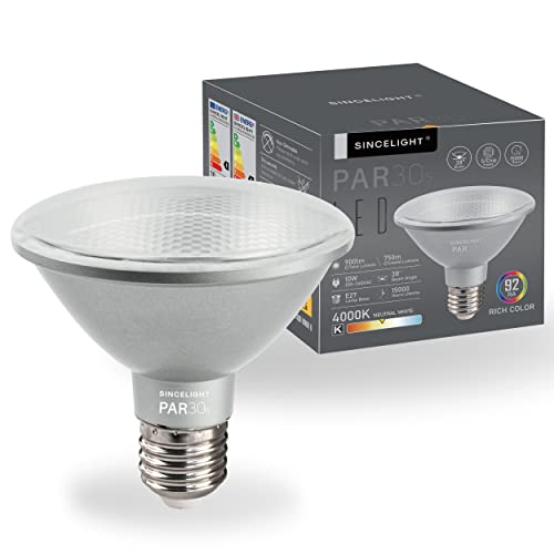 SINCELIGHT PAR30s Bombilla LED con Casquillo E27, 10W, 90W Equivalente, Blanco Neutro 4000K, Alto CRI 92, 900lm, 38° Ángulo de Haz, Paquete de 1