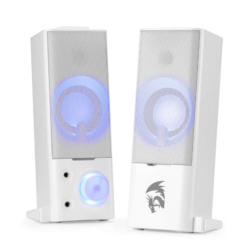 Image of Redragon GS550 PC Gaming Speakers, 2.0 Channel Desktop Computer Sound Bar with Compact Maneuverable Size, Headphone Jack, Quality Bass & Decent Red Backlit, USB Powered w / 3.5mm Cable, White