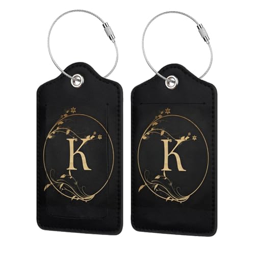Etiquetas para equipaje de piel sintética de 2 unidades para maletas, etiqueta vintage dorada con letra K, etiqueta de identificación con nombre y lazo de metal para mujeres, hombres, mochilas y bolsa