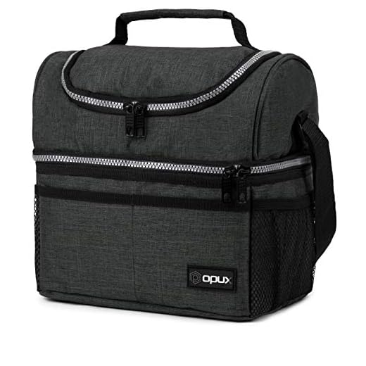 OPUX Thermal Insulated Dual Compartment Lunch Bag for Men, Women | Double Deck Reusable Lunch Box with Shoulder Strap, Leakproof Liner | Medium Lunch Box for School, Work, Office (Charcoal)