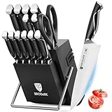 BRODARK Kitchen Knife Set with Block and Sharpener, 15 Pcs Sharp Knives Set for Kitchen, Stainless Steel Full Tang Knife Block Set, Ergonomic Handle Professional Chef Kitchen Knives Sets