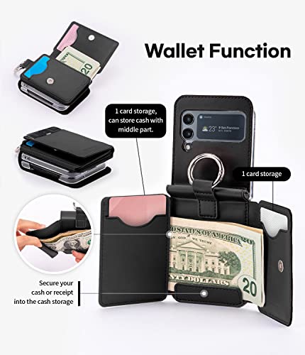 Goospery Flex Wallet Designed For Z Flip 4 Case, ［4 Card Slots & Cash］ Double Sided Opening Flap Card Storage Phone Cover With Ring Holder - Black #TOP2