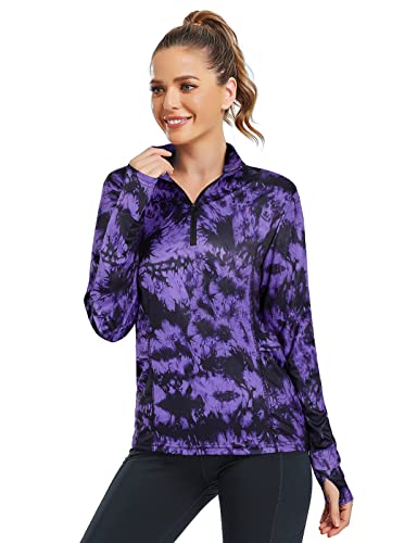 Misyula Quarter Zip Pullover Women Long Sleeve Workout Tops Thumbholes Running Hiking Shirts 2 Pockets Tie Dye Purple Xl #TOP6