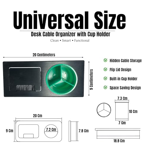 Image of Aluminum Alloy Desk Grommet - Rectangular Metal Cable Wire Hole Cover With Flip Lid & 3-Slot Multifunctional Cup For Computer Table & Furniture - Cord Organizer (200mm*90mm, Black)