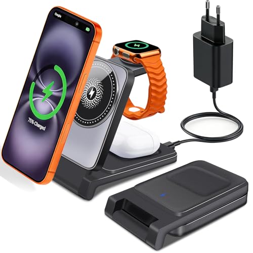 KDISHKRA Chargeur Induction 3 en 1, 15W Chargeur sans Fil Charge Rapide pour iPhone 17 16 15 14 13 12 Pro/Pro Max/Air/Plus, Station de Charge pour Apple Watch...