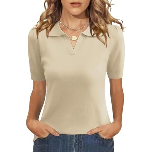 LOMON Womens Puff Short Sleeve Polo Sweater V Neck Knitted Tops Casual Ribbed Shirt Pullover Blouse