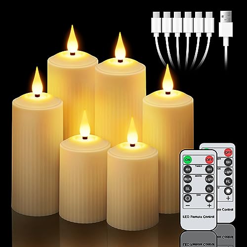 crowm Rechargeable Candles Flickering with Remote, Battery Operated Flameless Pillar Candles, Outdoor Waterproof LED Electric Candle for Halloween Christmas Decor, USB Charge, Set of 6, Ivory