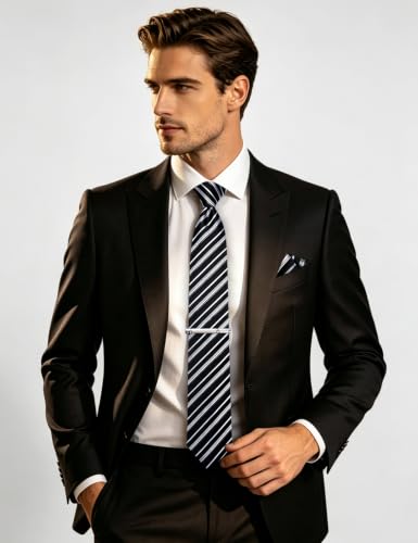 Image of DiBanGu Mens Silk Tie Formal Striped Necktie and Pocket Square