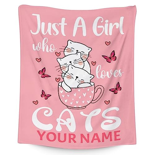 Personalized Cat Blanket Gifts with Name - 30"x40" Cute Throw for Girls - Pink Soft Fuzzy Blankets for Couch & Office
