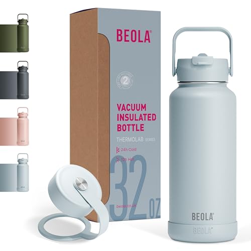 BEOLA 950ml Water Bottle 18/8 Stainless Steel 304 Double Wall Insulated Thermos Bottle with Straw Lid and wide mouth, 2 lids included, Hot Cold Liquids Sports Bottle, 32oz (Ice Blue)