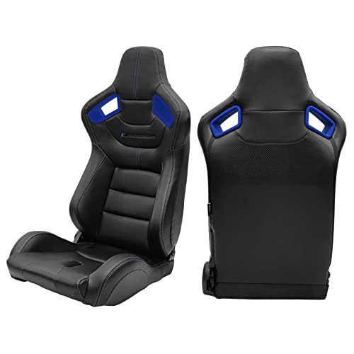 Ikon Motorsports, Universal Racing Seats Pair With Dual Sliders, Black With Blue Stitch And Blue Bezel, Pu & Carbon Leather Reclinable Left Right Pair #TOP1