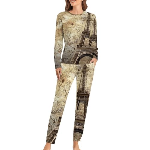 Pyjama femme Vintage Paris avec t-shirt manches longues et pantalon fluide