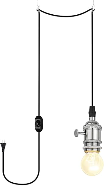 Pendant Light, Cord Length 177.7 inches 450 cm, Dimmer Switch, Dimmable, E26 Compatible, Bulb Not Included, Outlet Type, Entrance Light, Interior Light, Hanging Light, Silver Socket