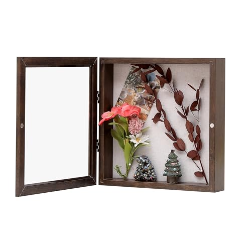 DEMAIKE 10x10 Shadow Box Frame with Linen Back, Wood Glass Display Case for Medals, Photos, Memorabilia, Awards - Pins Included- Walnut