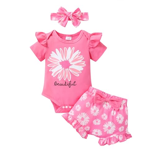 Image of Tiny Cutey Baby Girl Clothes Infant Summer Outfits Set Ruffle Sleeve Romper and Floral Shorts with Headband