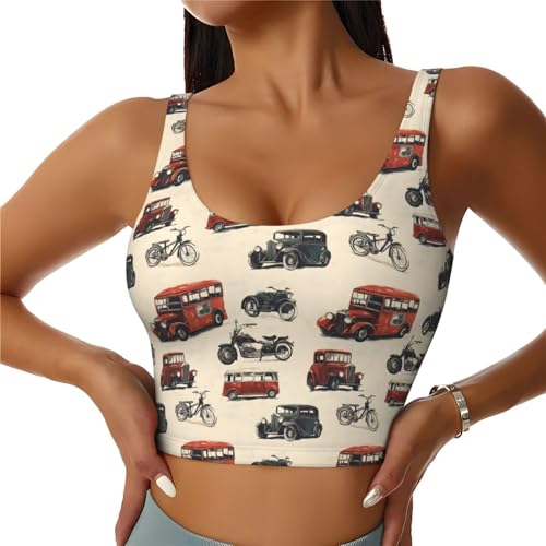 Sujetadores deportivos para mujer de alto soporte – Camiseta corta sin mangas con estampado de coche vintage, Negro, XXL
