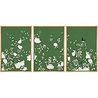 SIGNWIN Framed Canvas Print Wall Art Birds Sitting on White Flowers Over Dark Green Background Nature Forest Drawings Relax/Calm for Living Room, Bedroom, Office - 16