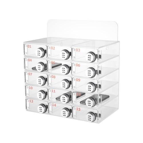 Blisiour 15 Slots Cell Phone Locker Box, Clear Acrylic Cell Phone Storage Locker with Combination Locks, Wall-Mounted Locking Cell Phone Storage Cabinet for Classroom Offices School Employees