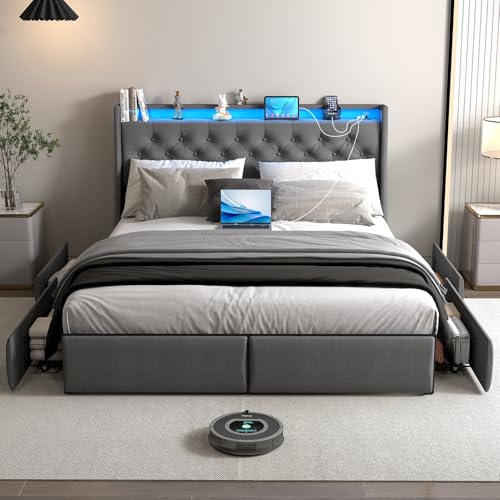 Image of Queen Size Bed Frame with 4 Storage Drawers and LED Lights, Queen Bed Frame with Upholstered Headboard and Charging Station, Steel Slat Support, No Box Spring Needed, Noise-Free, Easy Assembly, Gray