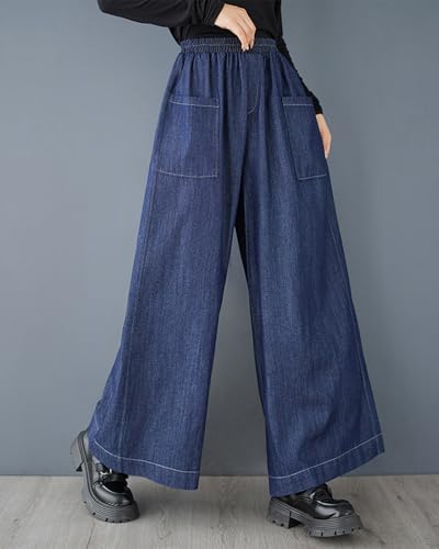 ellazhu Women's Pants Loose Causal Pocket Demin Pants Elastic Waist Wide Leg Solid Color GZ343 A3