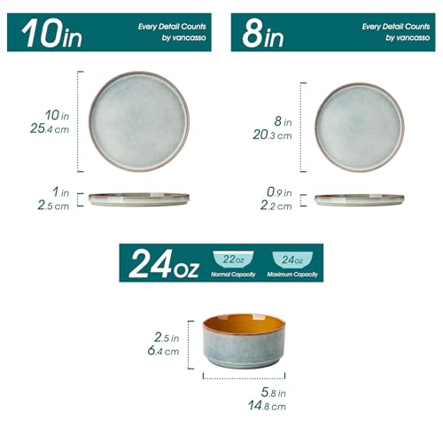 Image of vancasso ONION Ceramic Plates and Bowls Sets, 24 Pieces Light Blue Dinnerware Sets for Kitchen, Reactive Glaze Dishes Set for 8, Dishwasher and Microwave Safe