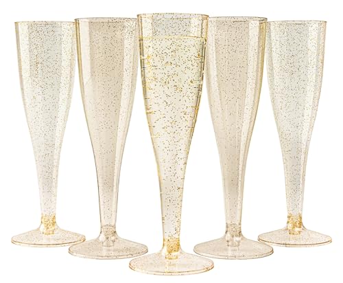 MATANA 48 Flûtes à Champagne en Plastique Réutilisables Premium à Paillettes Dorées, 133ml -...
