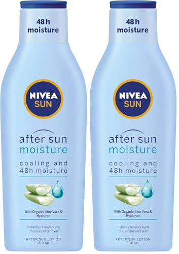 NIVEA After Sun Moisturising Lotion 200ml | With Aloe Vera & Hyaluron | Relieves Sunburn | Hydrates Sun Damaged Skin | Prevents Peeling | Cooling & Soothing Formula | Fast-Absorbing (Pack of 2)